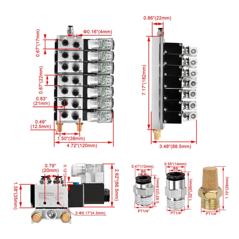 Heschen Electrical Pneumatic 6 Solenoid Valve, 4V210-08, DC24V Coil, PT1/4'' Port, 5 Way 2 Position, Manifold Base, Muffler, Quick Fittings Set - Image 2